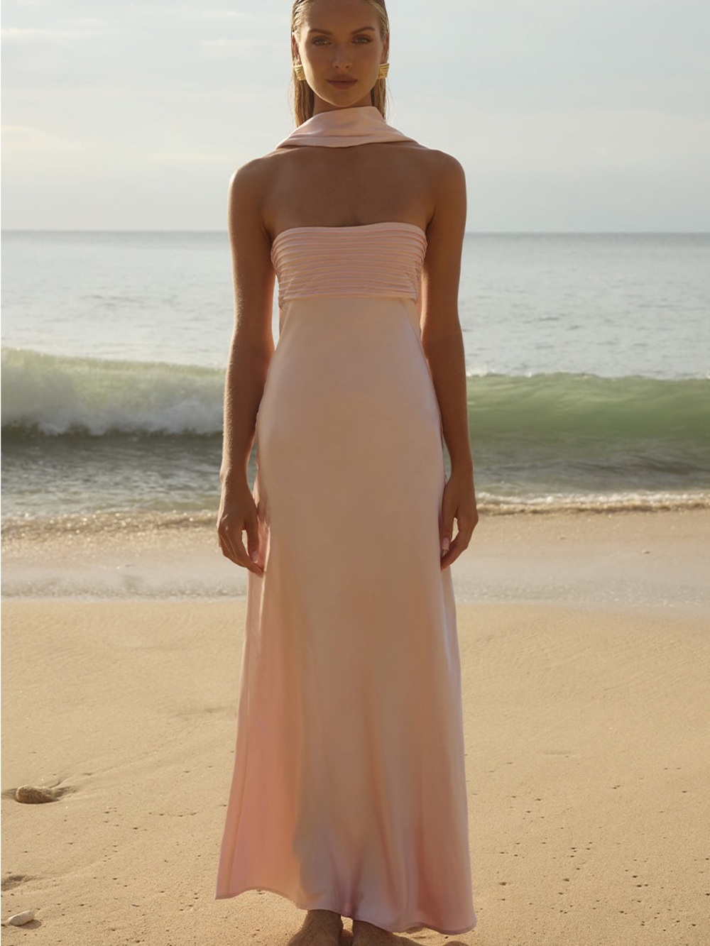Runaway the label ElsaStrapless Satin Evening Gown in Musk Pink